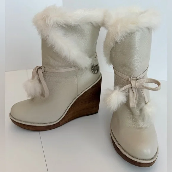 Michael Kors Cream Wedge Leather Ankle Boots with Fur Trim Size 7 1/2 - Picture 6 of 11